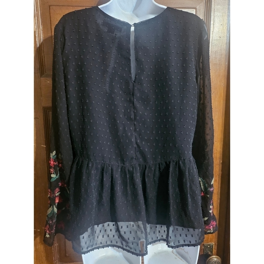 American Eagle Outfitters Black Swiss Dot Floral Embroidered Peplum Top - Picture 10 of 15